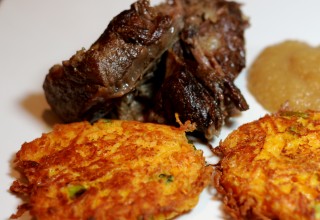 Beef Brisket with Sweet Potato Latkes and Applesauce by www.RealFoodFamily.com