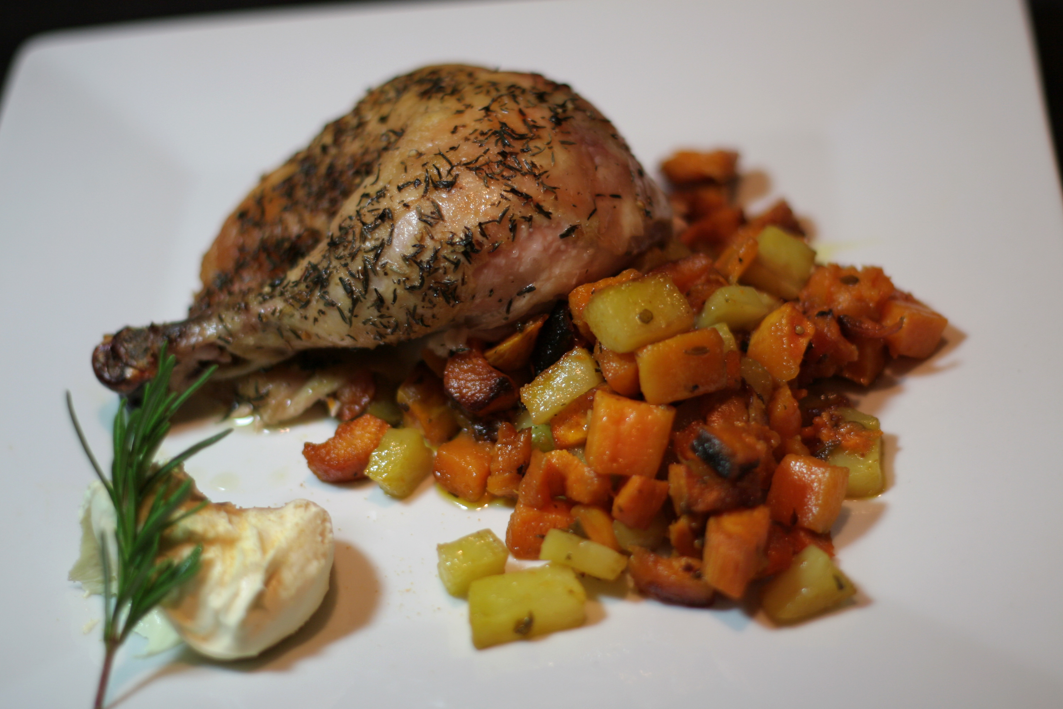 Roasted Herbed Chicken with Sweet and Golden Potatoes