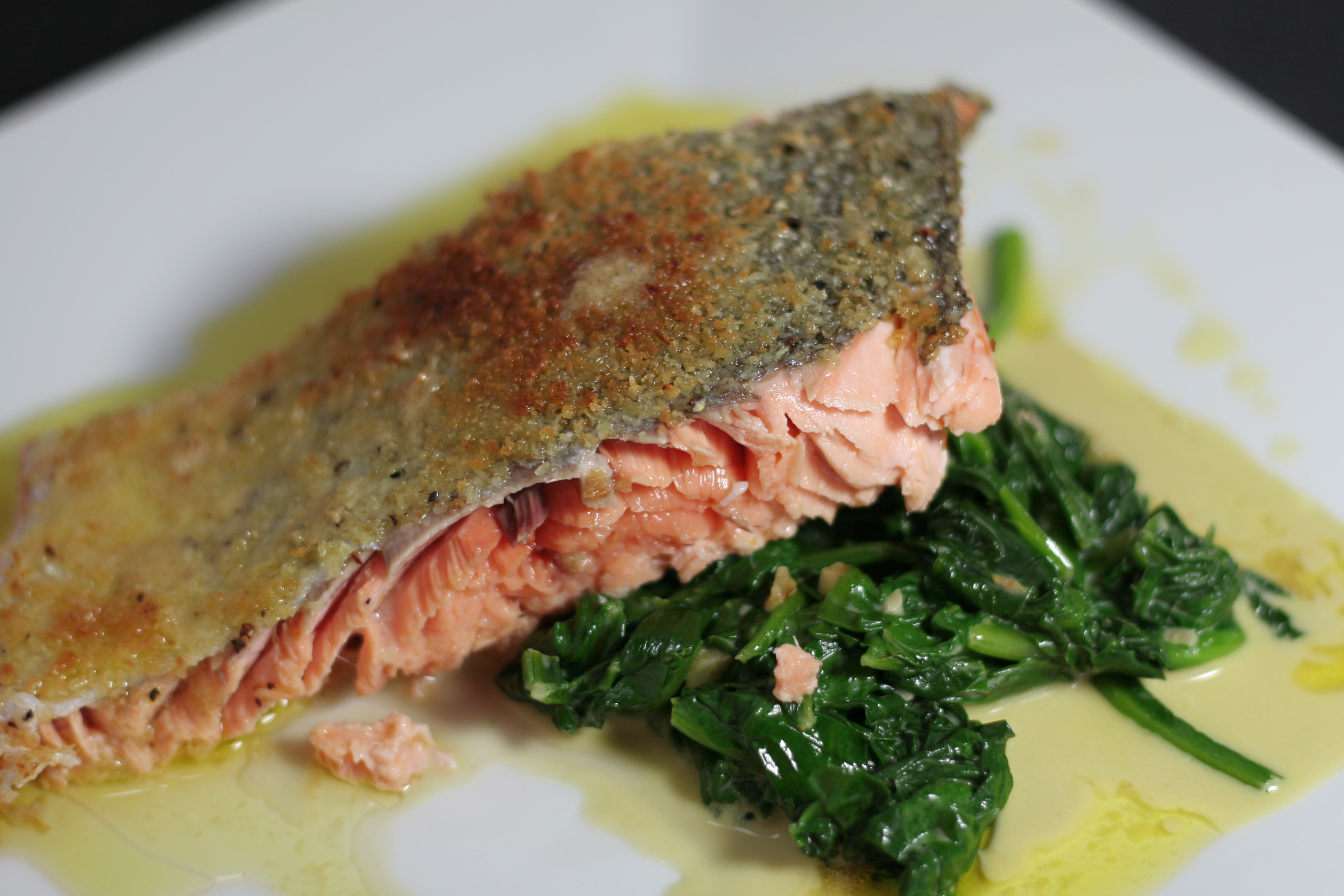 Coconut Crusted Salmon and Creamy Garlic Spinach with Ginger-Maple Butter