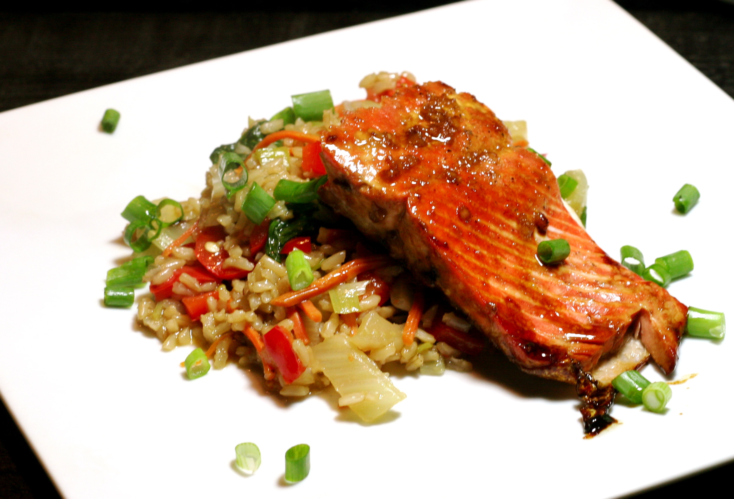 Soy Glazed Salmon with Vegetable Rice Sauté
