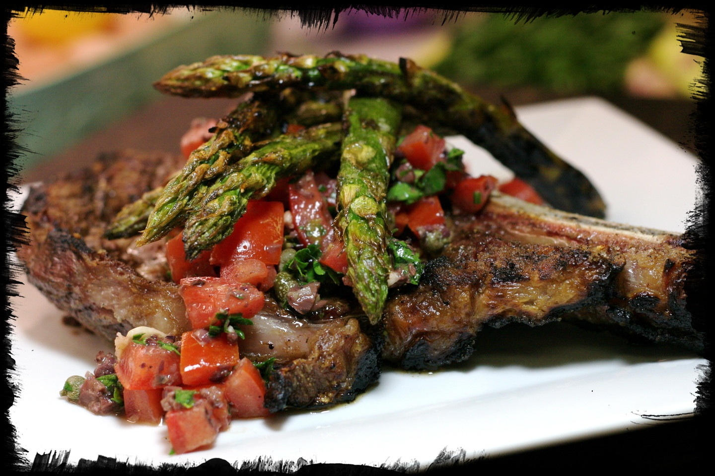 Grilled Steak and Asparagus with Tomato and Olive Tapenade