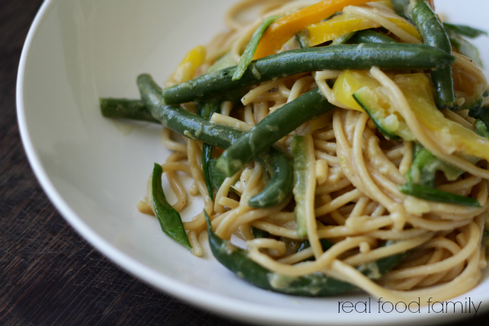 Vegetable Einkorn Noodle Bowl with Ginger Peanut Sauce (with Grain Free option) ~ Real Food Family