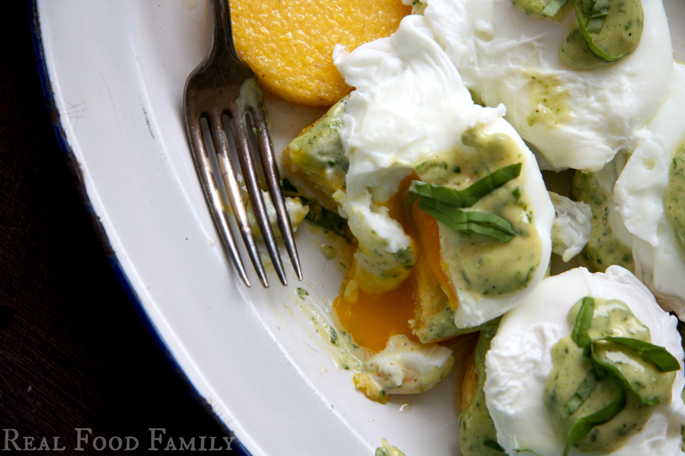 Gluten Free Eggs Benedict on Polenta Cakes with Pesto Hollandaise ~ RealFoodFamily.com